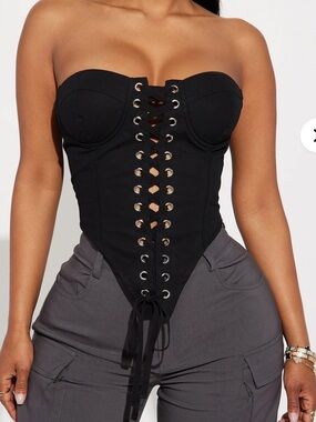 Strapless Black Lace-Up Corset Top
